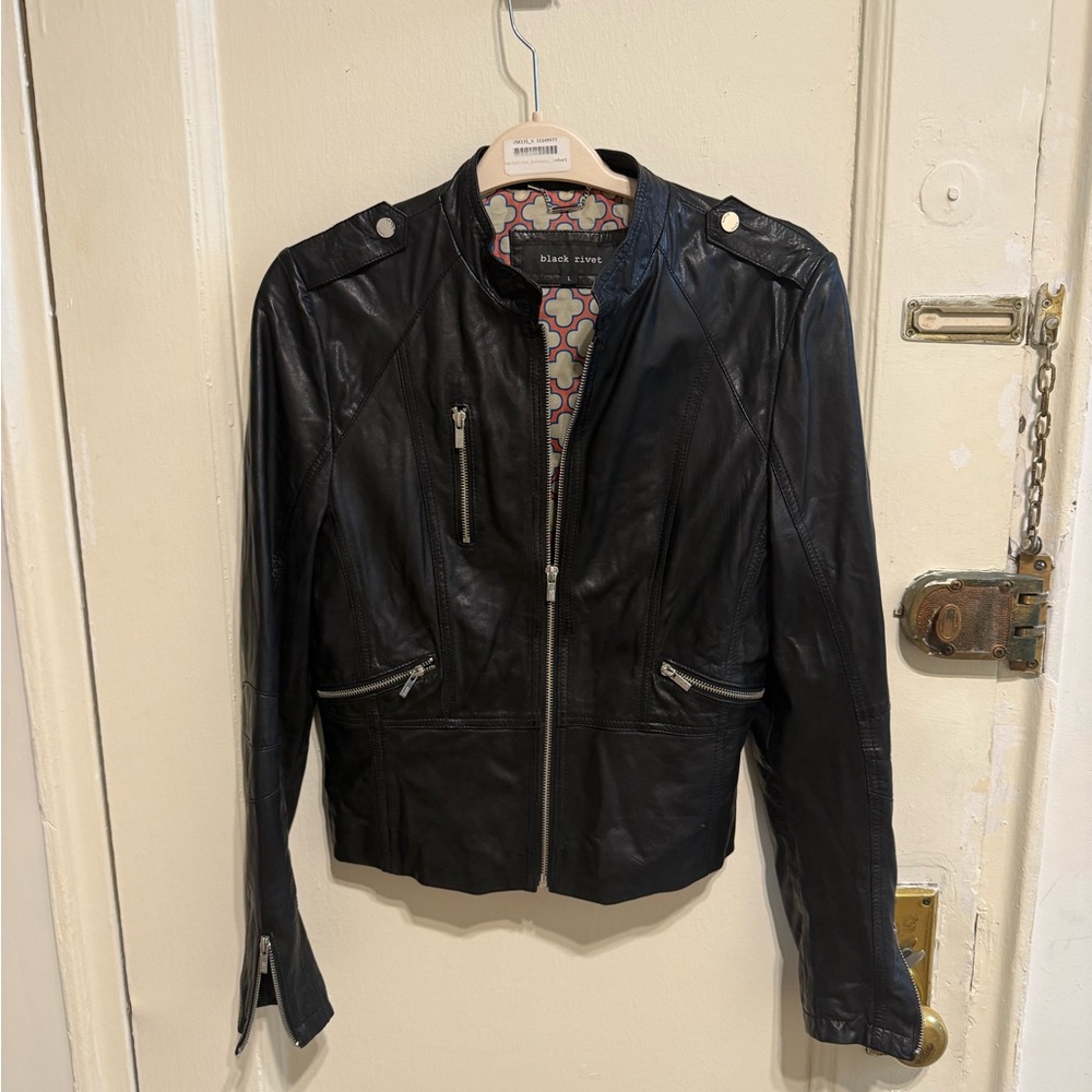 Black Rivet Dark Leather Jacket with Zipper Details